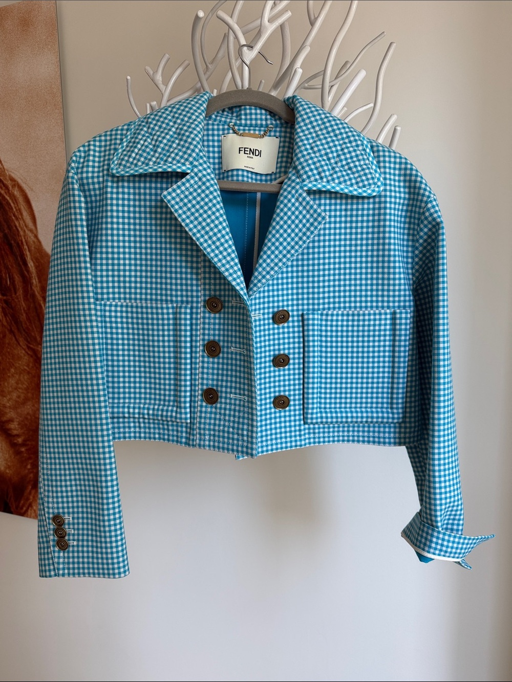 Fendi Turquoise and White Gingham Cropped Jacket NWOT